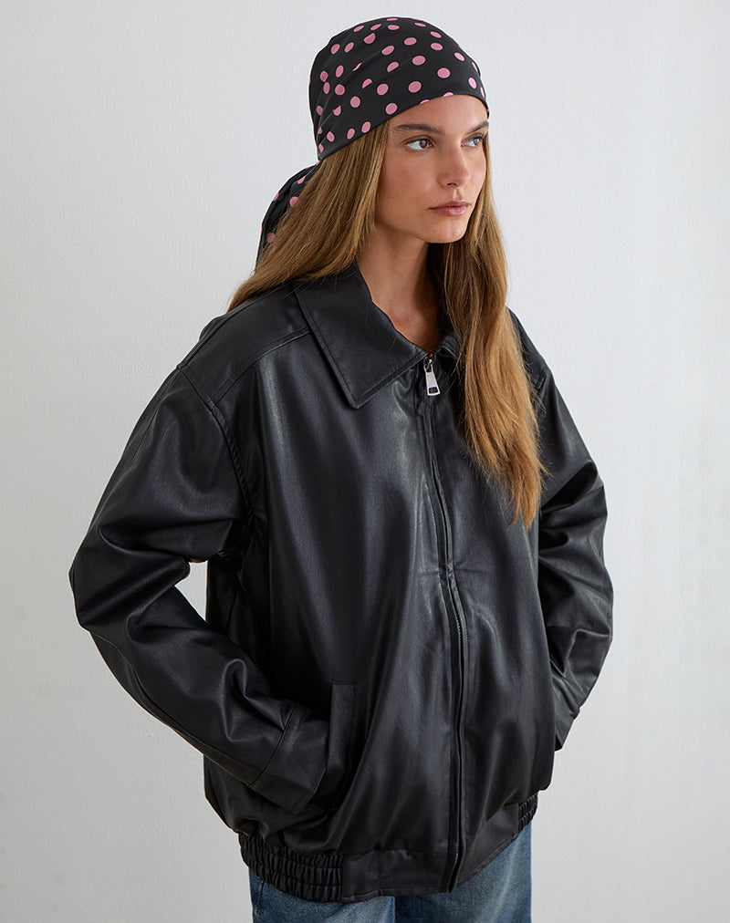 Image of Kavra Scarf in Black Satin Scattered with Pink Polka