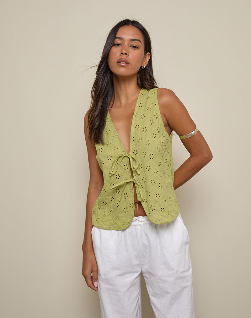 Image of Kayve Tie-Front Top in Little Daisy Broderie Lime