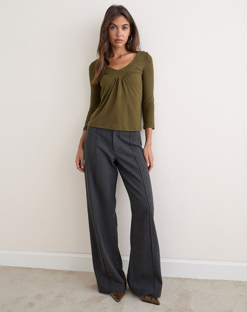Image of Kelcey Ruched V-Neck Top in Dark Olive