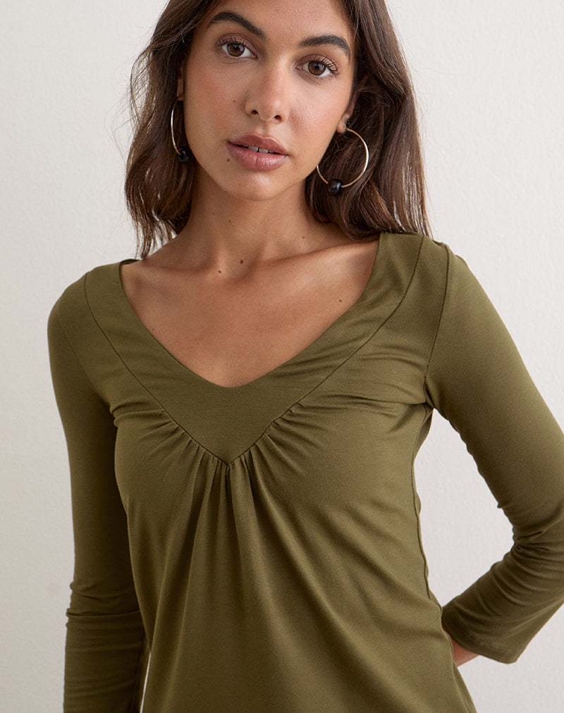 Image of Kelcey Ruched V-Neck Top in Dark Olive