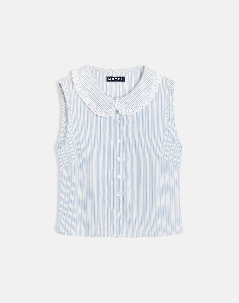 Image of Kitami Shirt in Linen White Blue Stripe