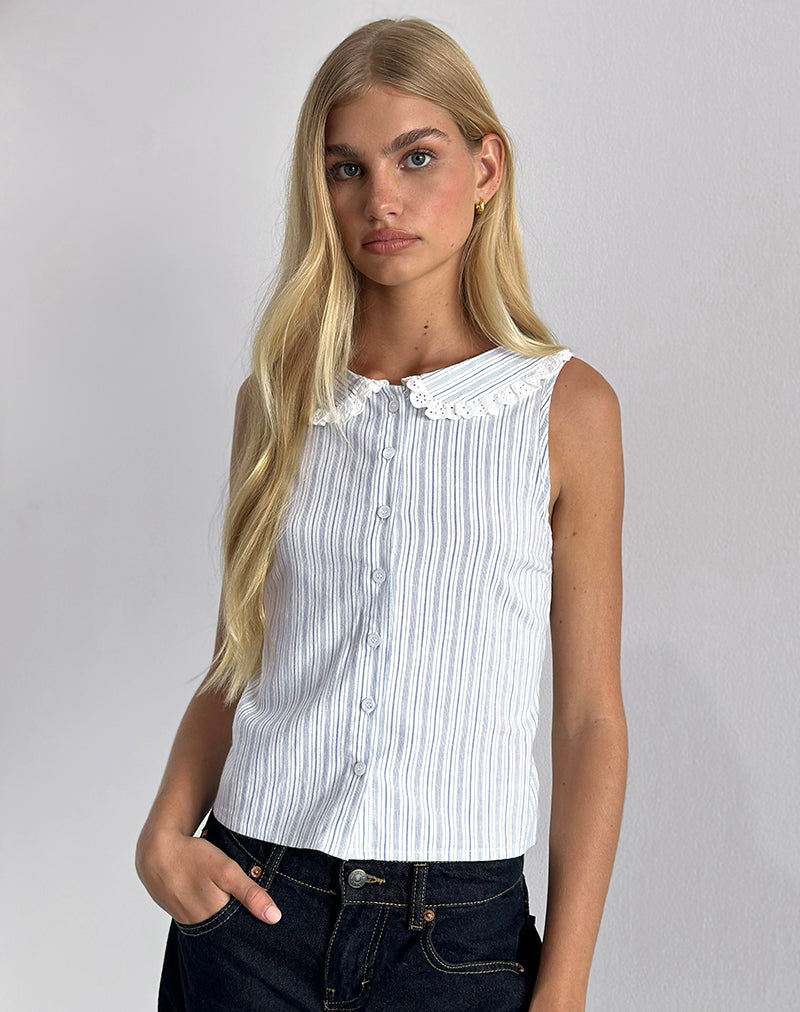 Image of Kitami Shirt in Linen White Blue Stripe