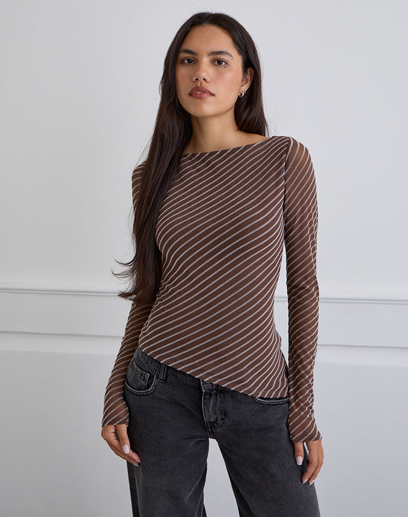 Image of Lakya Long Sleeve Top in Diagonal Stripe Flocked Brown and Cream