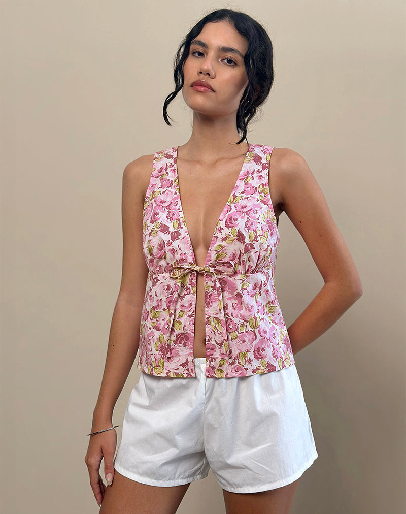 Image of Leda Tie Front Top in Blossom Floral Pink