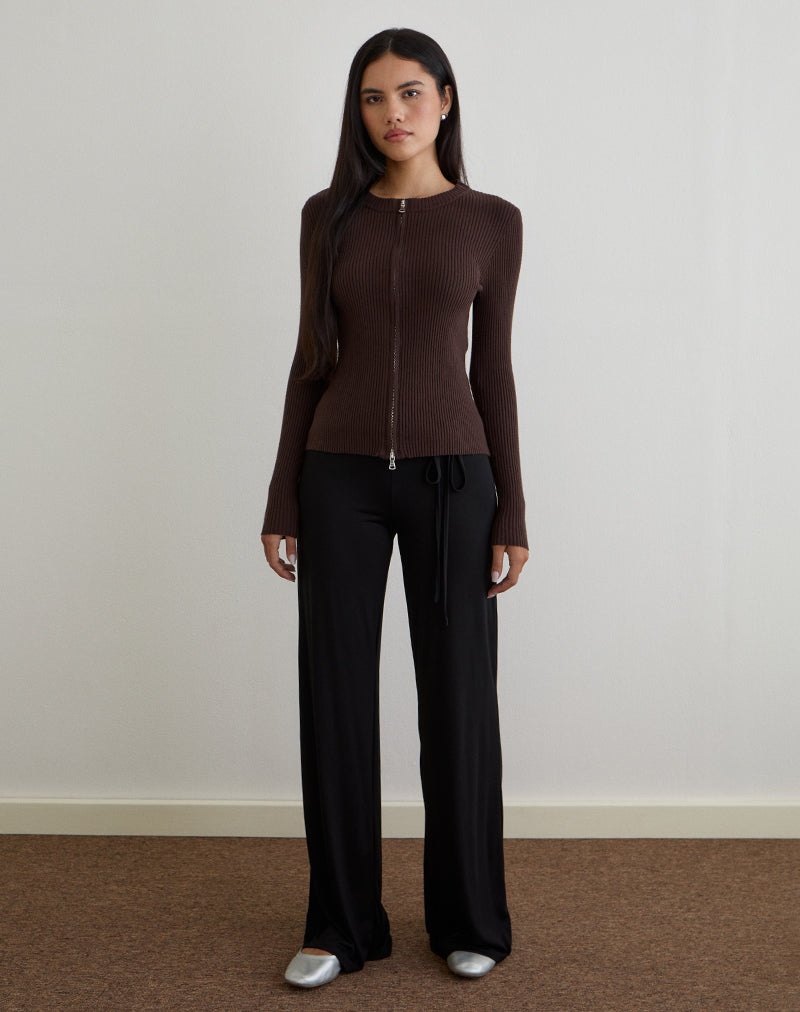 Image of Liano Zip Cardigan in Rib Knit Brown