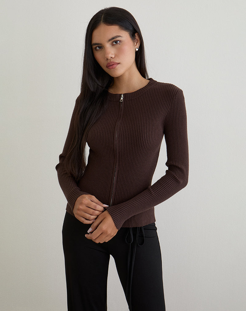 Image of Liano Zip Cardigan in Rib Knit Brown