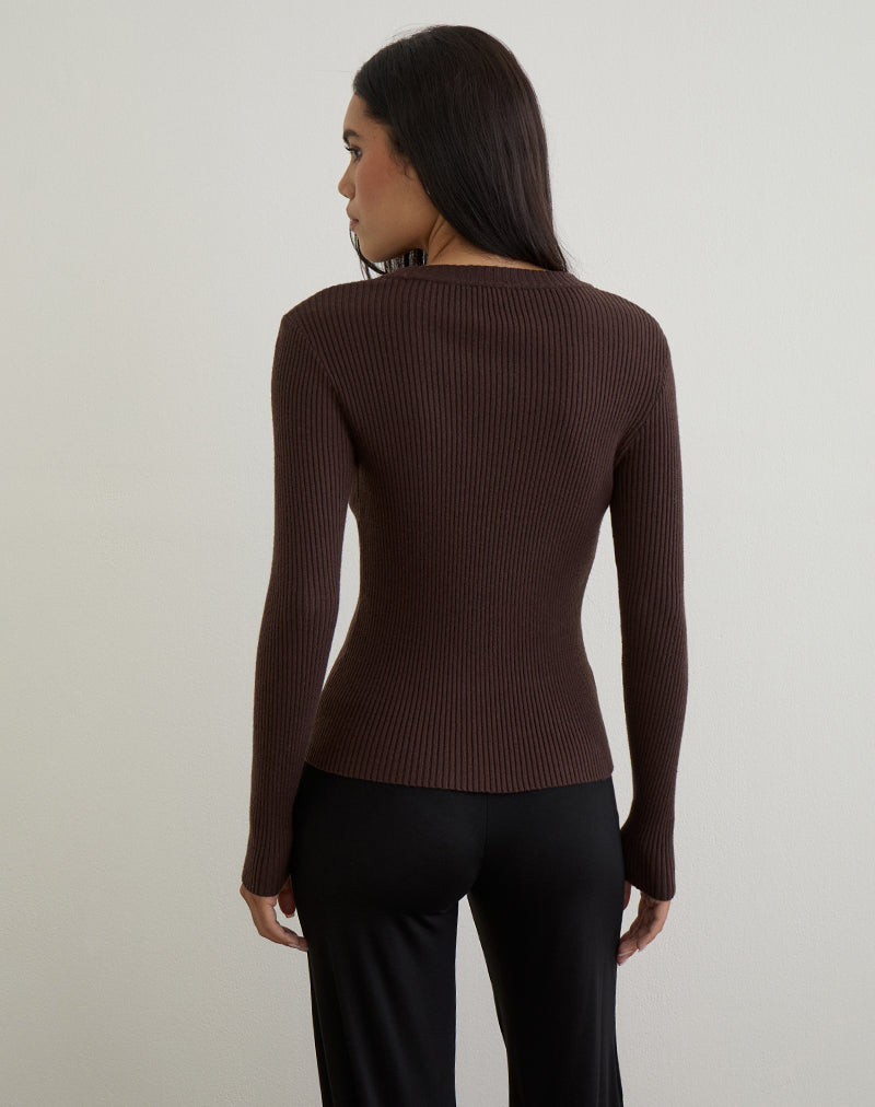 Image of Liano Zip Cardigan in Rib Knit Brown