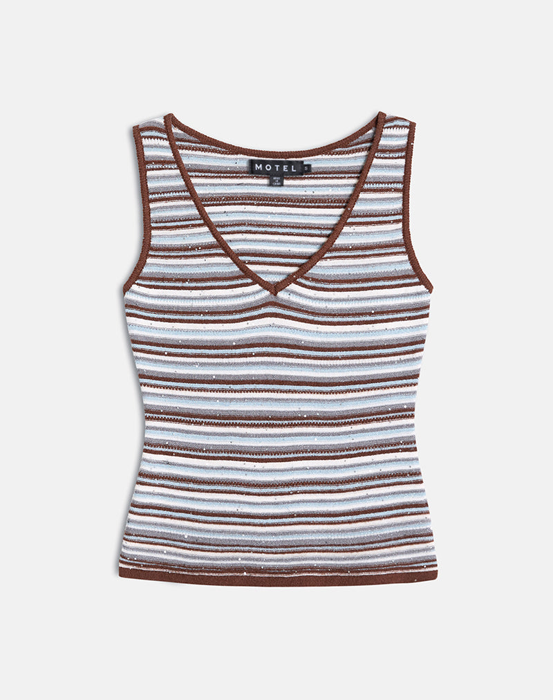 Image of Lycia Plunge Top in Knit Stripe Blue and Brown