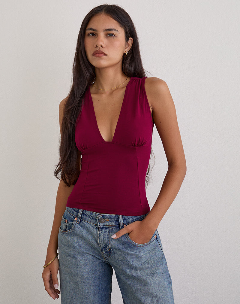 Image of Lynod Plunge Top in Rayon Burgundy