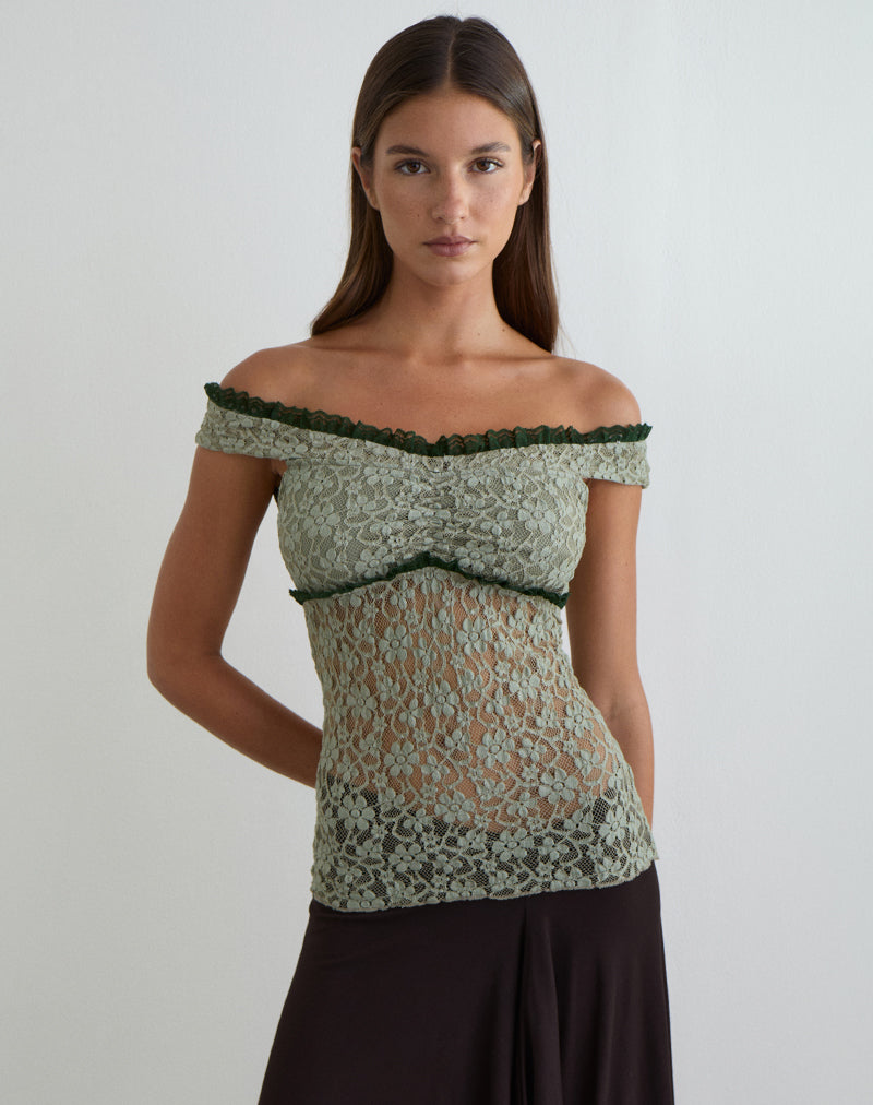 Image of Mayu Top with Ruffle Trim in Lace Sage Green