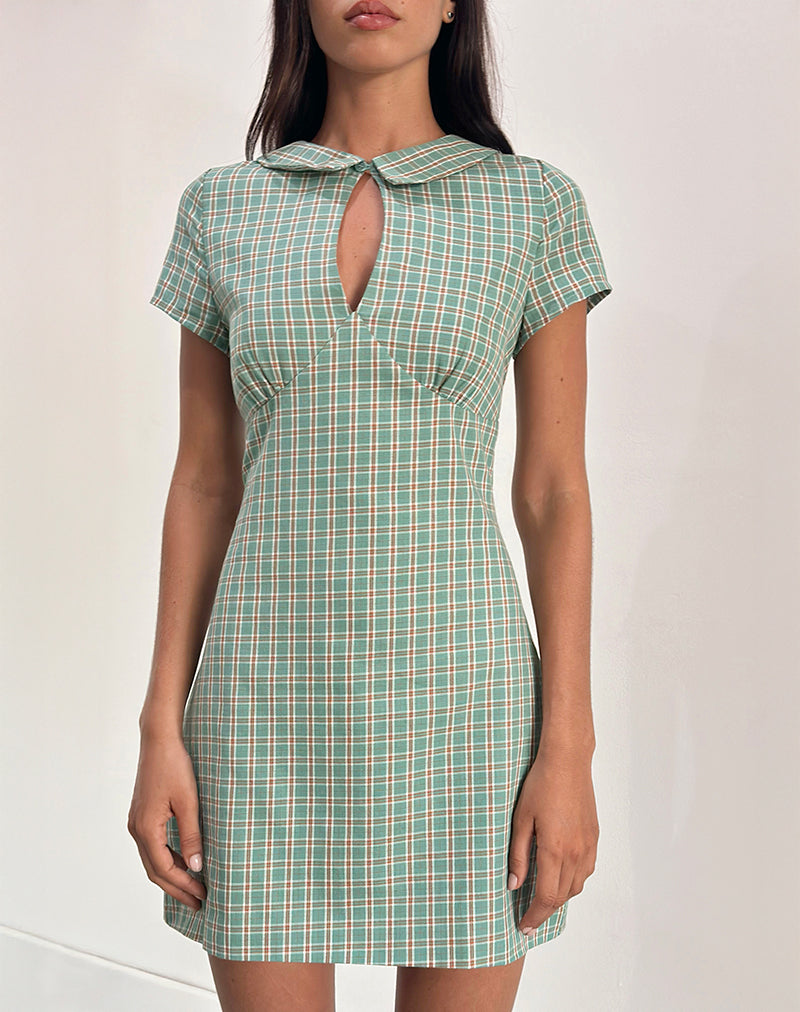 Image of Medora Keyhole Mini Dress in Teal Check