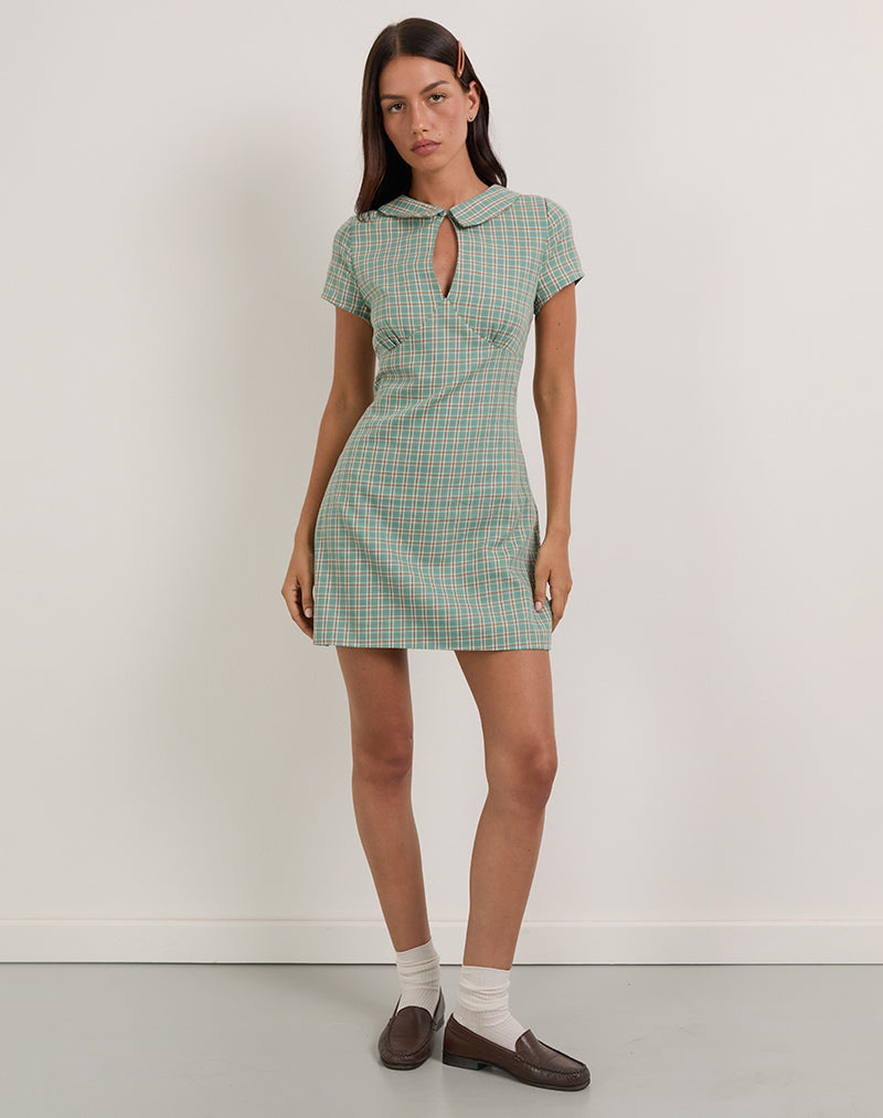 Image of Medora Keyhole Mini Dress in Teal Check