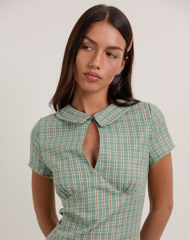 Image of Medora Keyhole Mini Dress in Teal Check