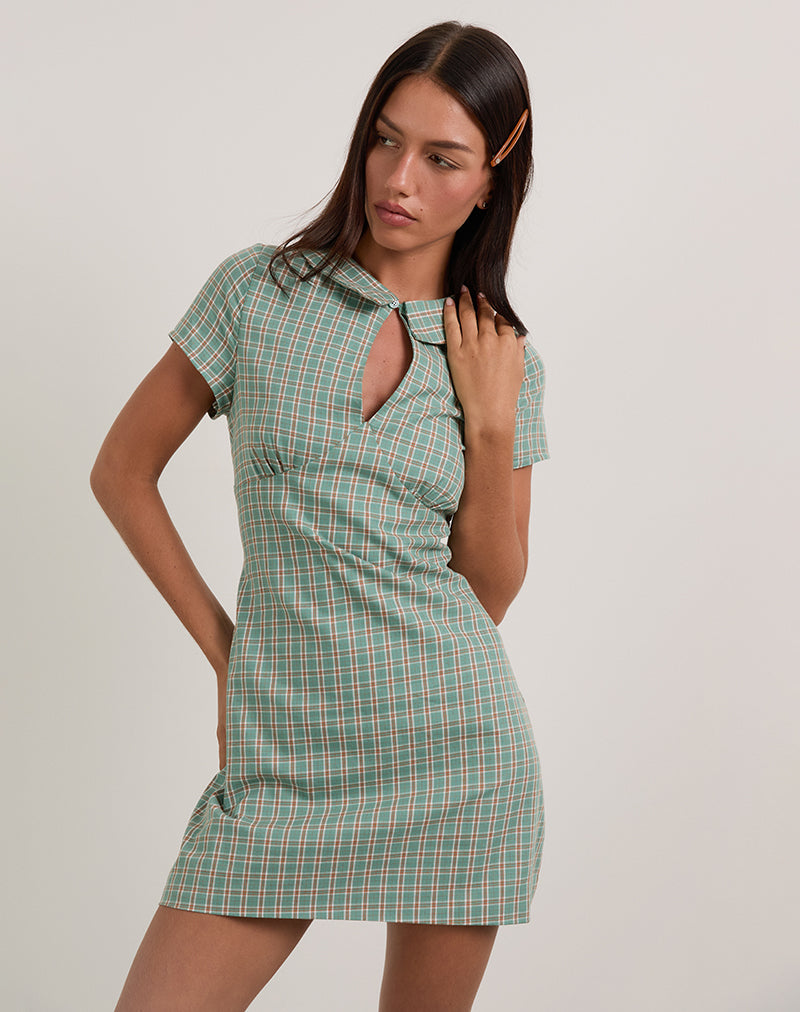 Image of Medora Keyhole Mini Dress in Teal Check