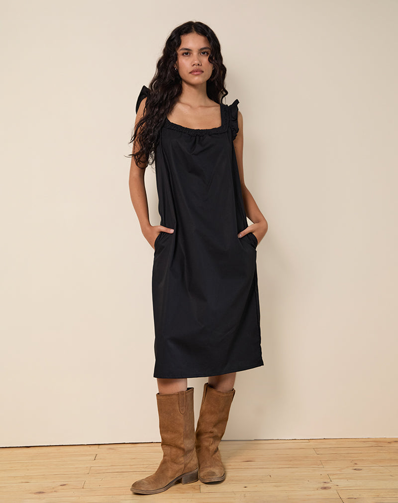 Image of Merrily Smock Midi Dress in Poplin Black