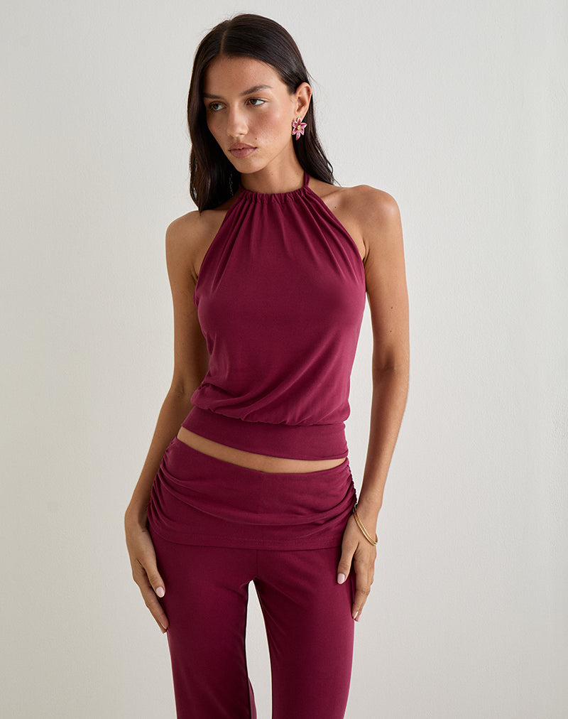 Image of Miasa Backless Halterneck Top in Cupro Burgundy