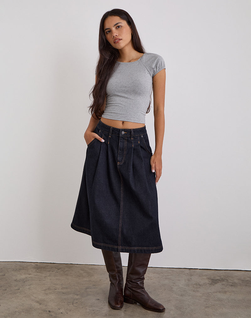 Image of Pleated Midi Denim Skirt in Indigo