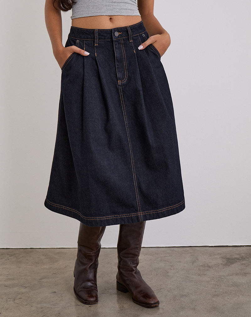 Image of Pleated Midi Denim Skirt in Indigo