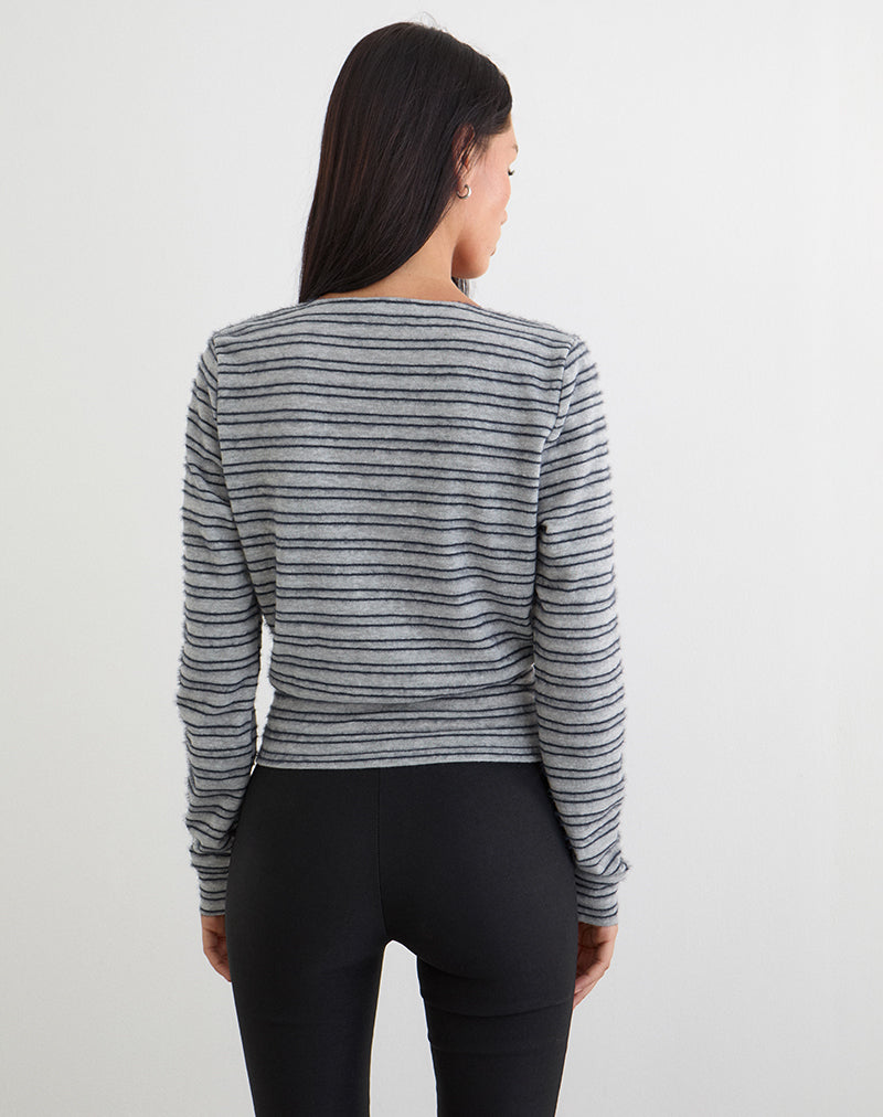 Image of Milzie Wrap Top in Horizontal Stripe Knit Grey and Black
