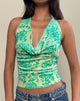 Image of Minova Cowl Neck Top in Floral Flock Green and Blue