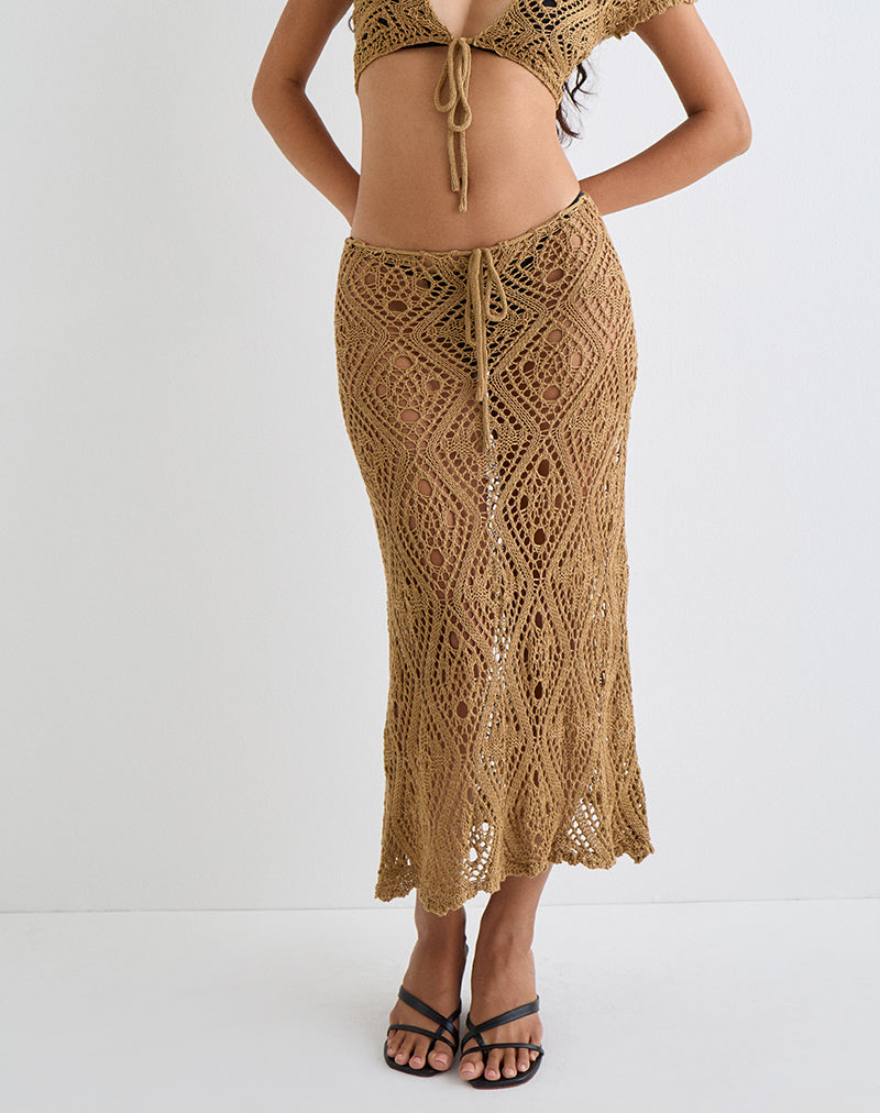 Image of Diora Tie Front Skirt in Crochet Camel