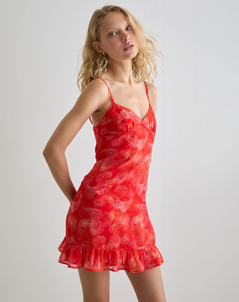 Image of Mireya Mini Dress in Paisley Chiffon Red