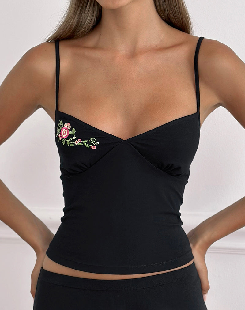Image of Morty Cami Top in Black with Swirly Floral Embroidery