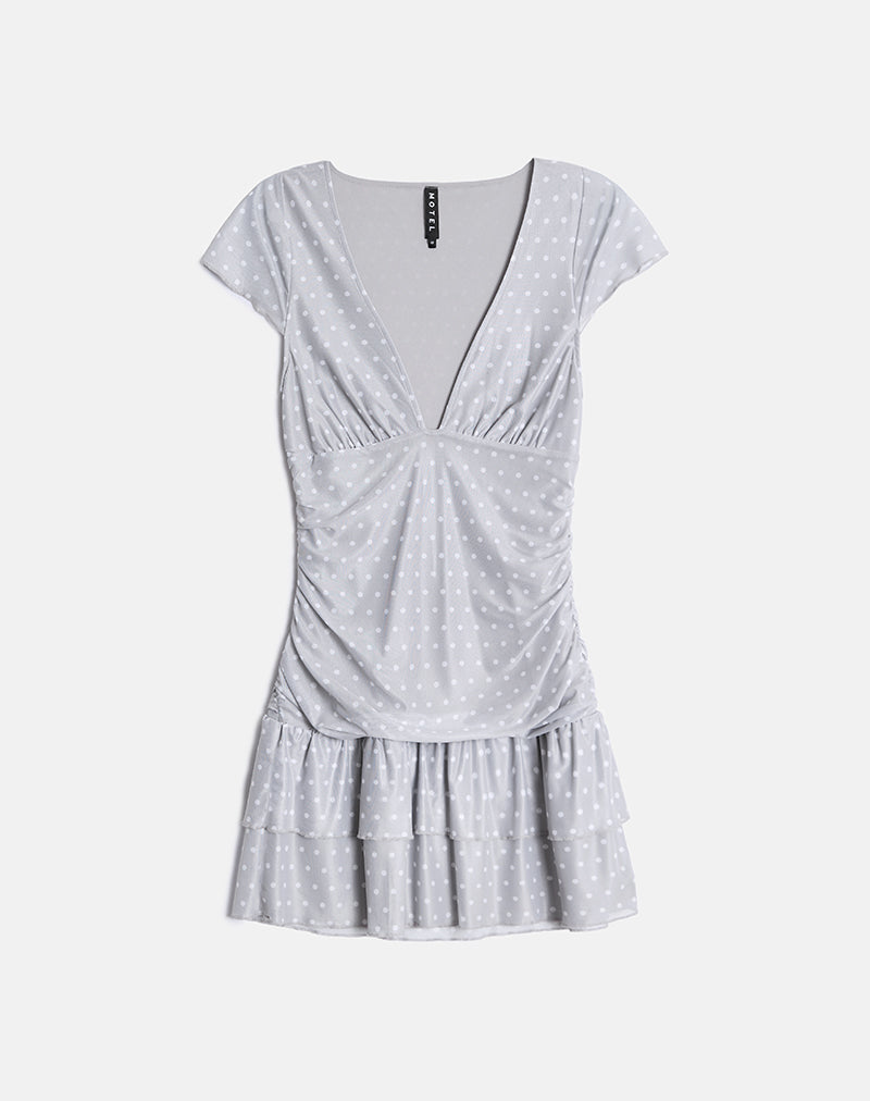 Image of Mowgli Cap Sleeve Mini Dress in Grey with Micro White Polka