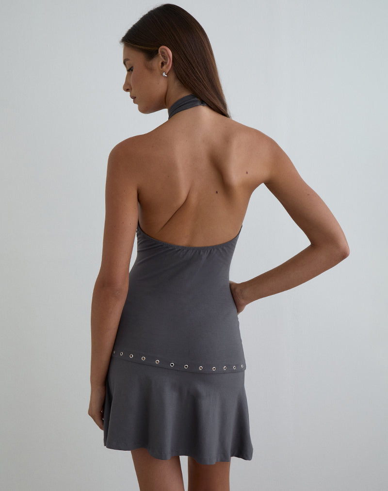 Image of Nakime Halter Mini Dress with Eyelets in Jersey Charcoal Grey