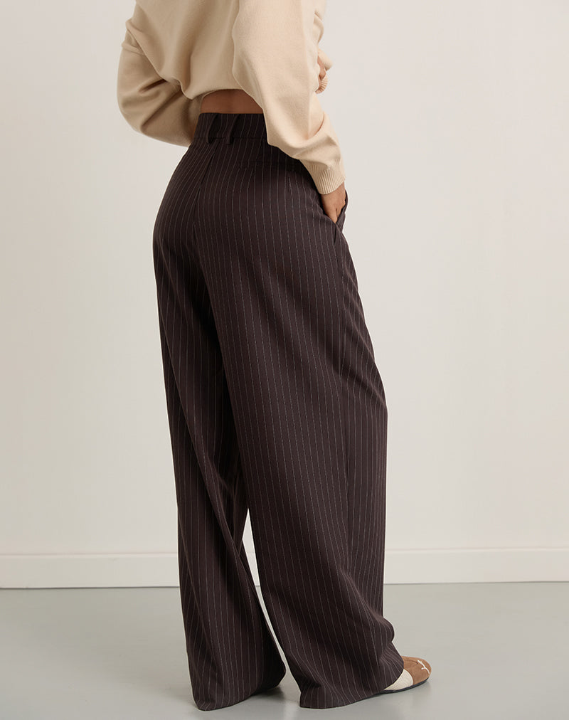 Image of Nala Wide Pleated Trouser in Dark Brown Pinstripe
