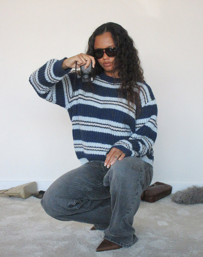 Image of Namirta Jumper in Navy and Light Blue with Black Stripe