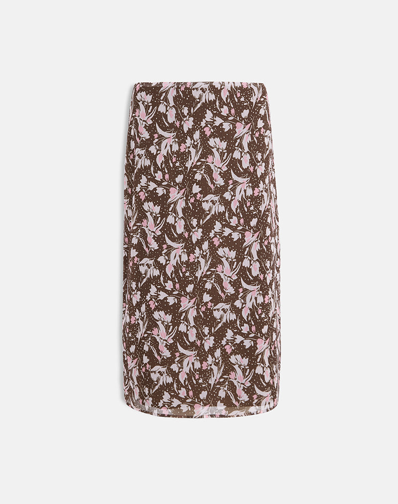 Image of Nimas Midi Skirt in Brown and Pink Polka Flower Chiffon