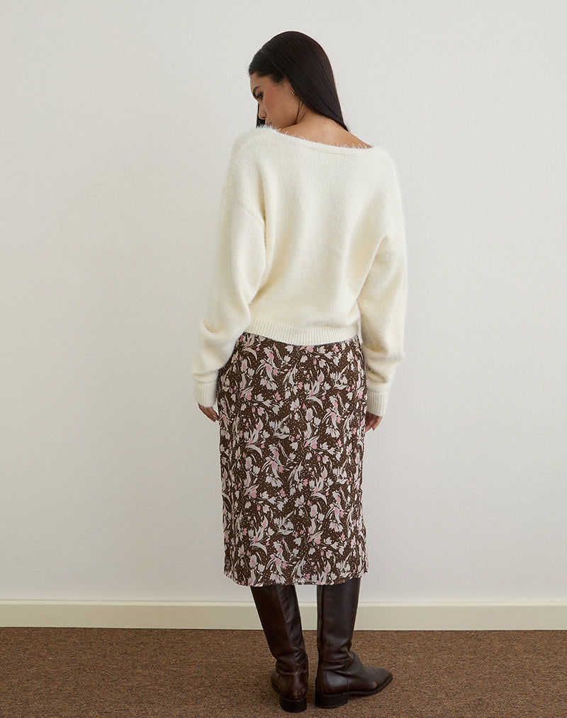 Image of Nimas Midi Skirt in Brown and Pink Polka Flower Chiffon