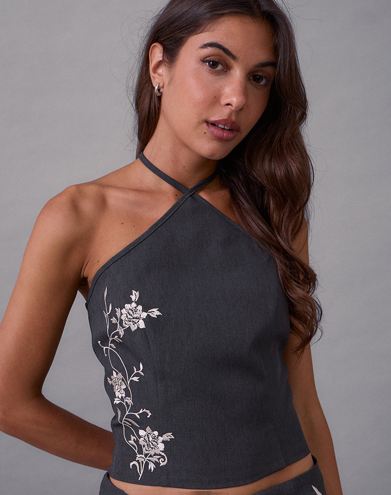 Image of Novin Top in Vine Flower Embroidered Dark Charcoal
