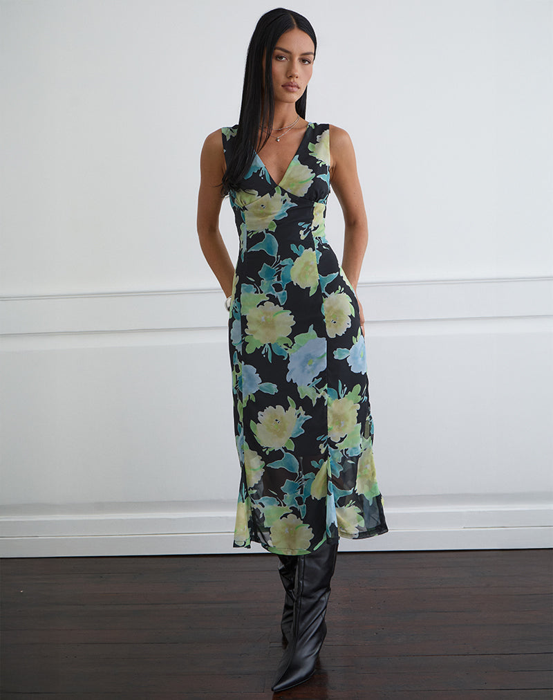Image of Olydia Midi Dress in Black Chiffon with Crystal Flower Print