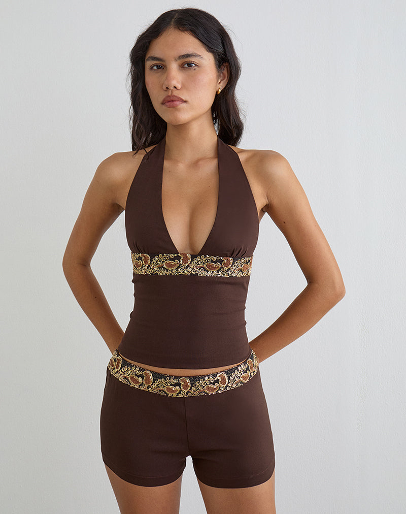 Image of Belvani Mini Short in Brown with Embroidered Sequin Trim