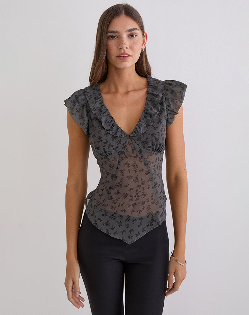 Image of Paquita Top in Chiffon Minimal Flower Dark Grey