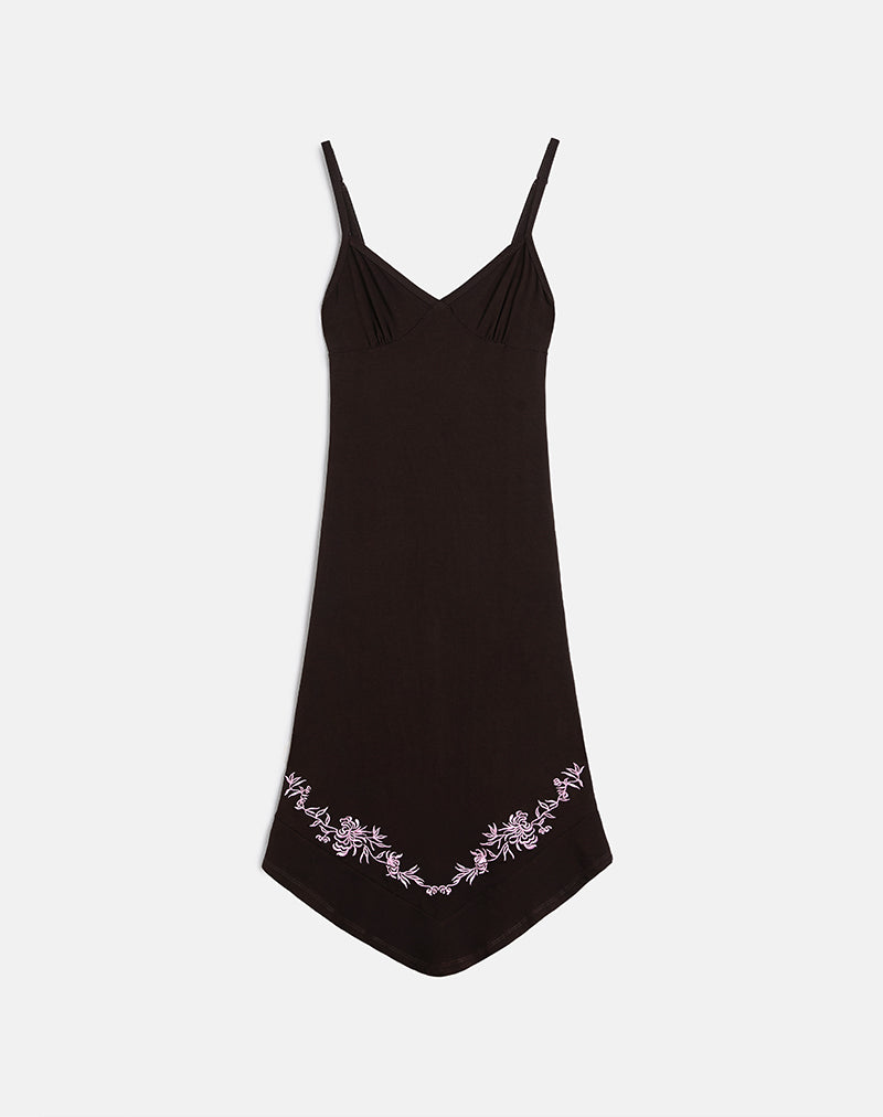 Image of Quelin Midi Dress in Chocolate Brown with Rose Embroidery