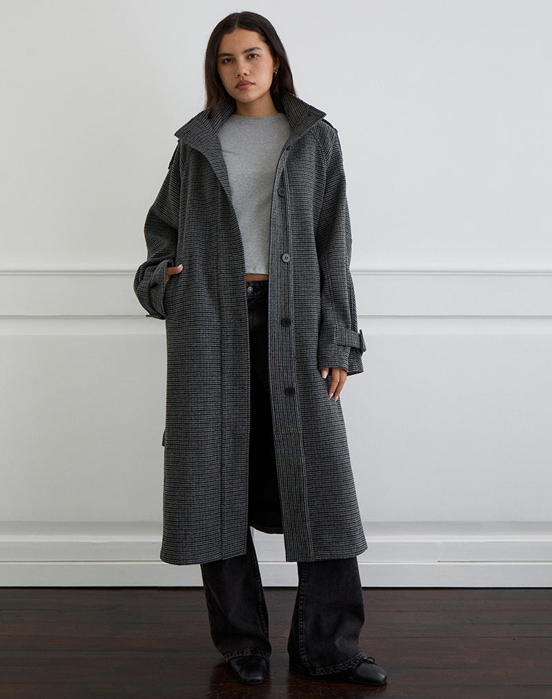 Image of Ravari Belted Trench Coat in Charcoal Check
