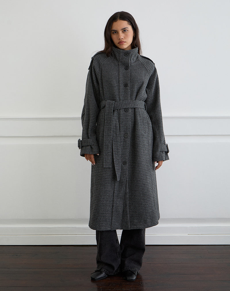 Image of Ravari Belted Trench Coat in Charcoal Check