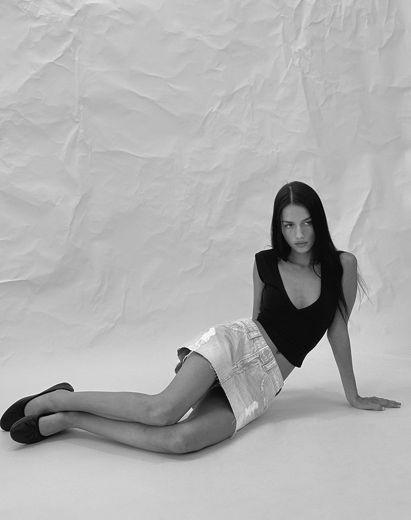 Image of Ripped Raw Hem Denim Mini Skirt in Sky Blue