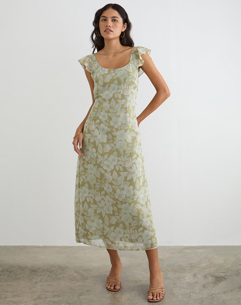 Image of Risala Scoop Midi Dress in Pale Flower Green