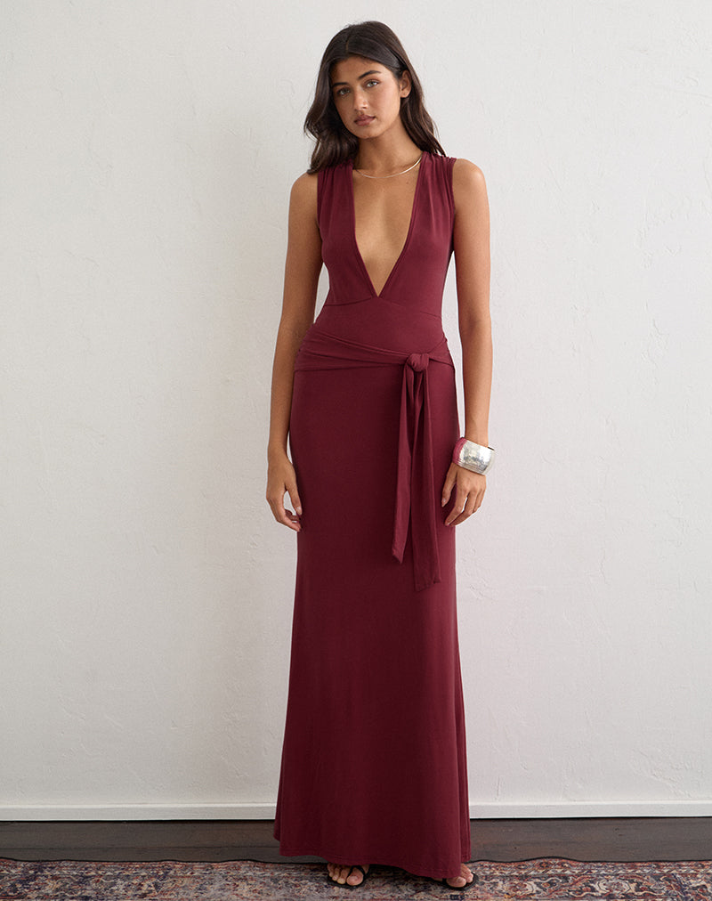 Image of Rohasy Plunge Maxi Dress in Cupro Burgundy