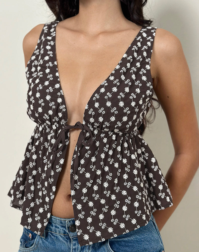 Image of Rolia Tie Front Top in Floral Broderie Brown