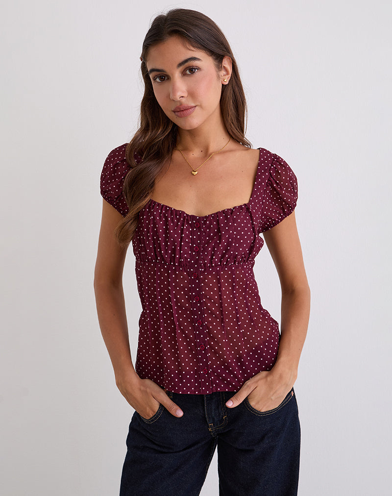 Image of Rolina Blouse in Chiffon Mini Polka Burgundy