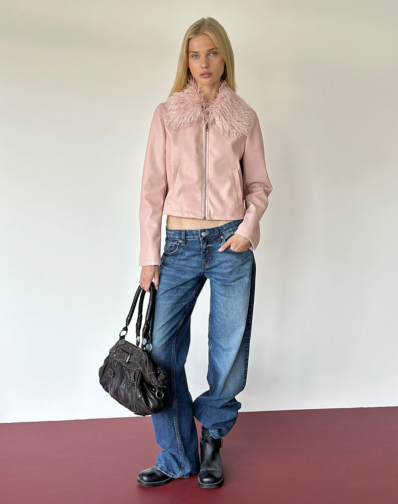 Image of Saku Jacket in PU Dusty Pink with Faux Fur Collar