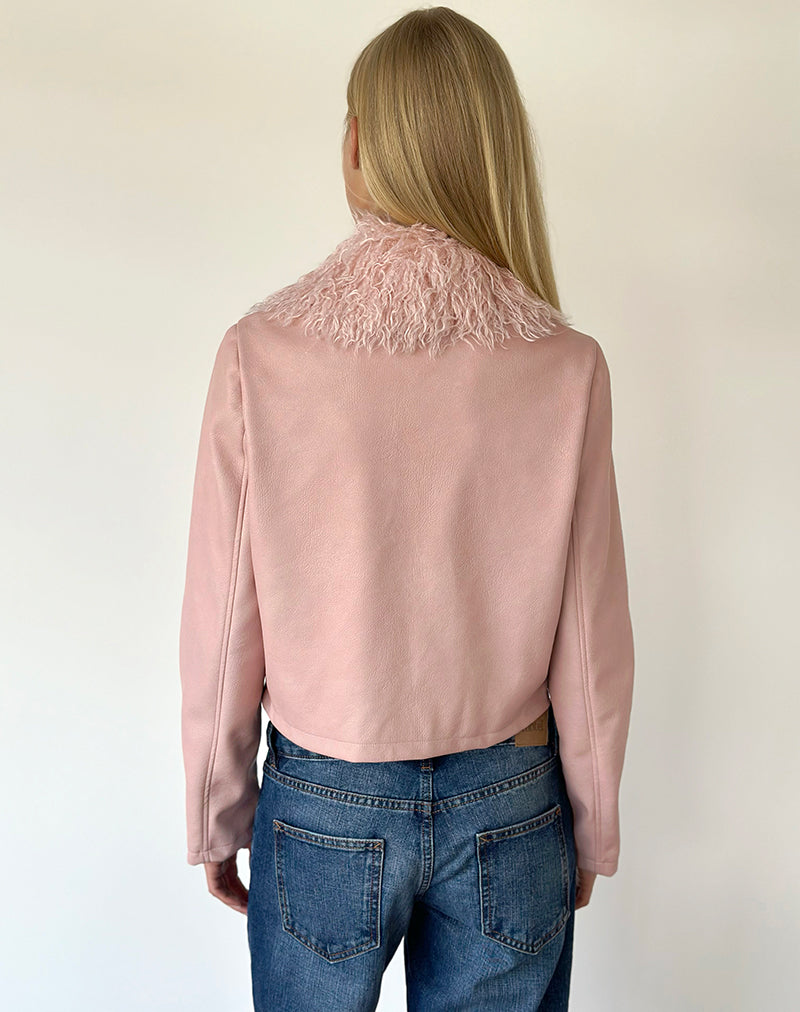 Image of Saku Jacket in PU Dusty Pink with Faux Fur Collar