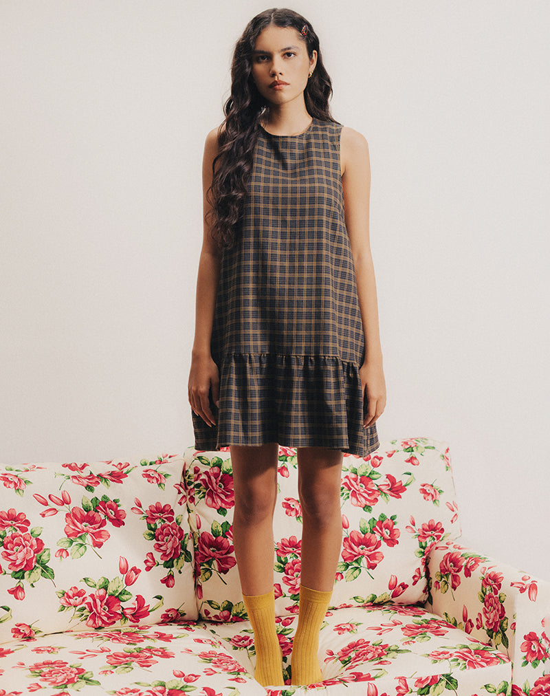 Image of Samana Babydoll Mini Dress in Check Dark Brown