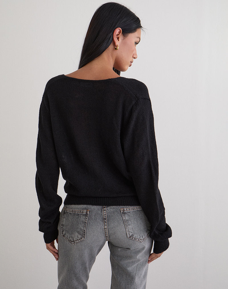 Image of Saroya Plunge Wrap Top in Knit Black