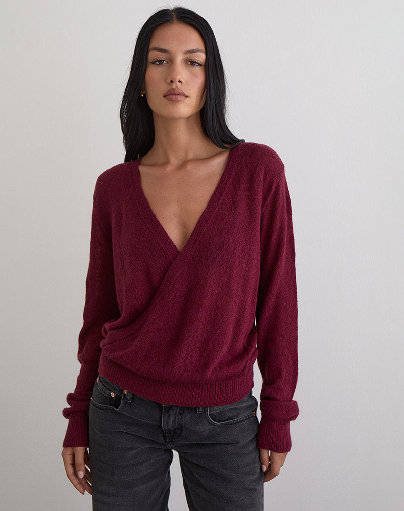Image of Saroya Plunge Wrap Top in Knit Wine